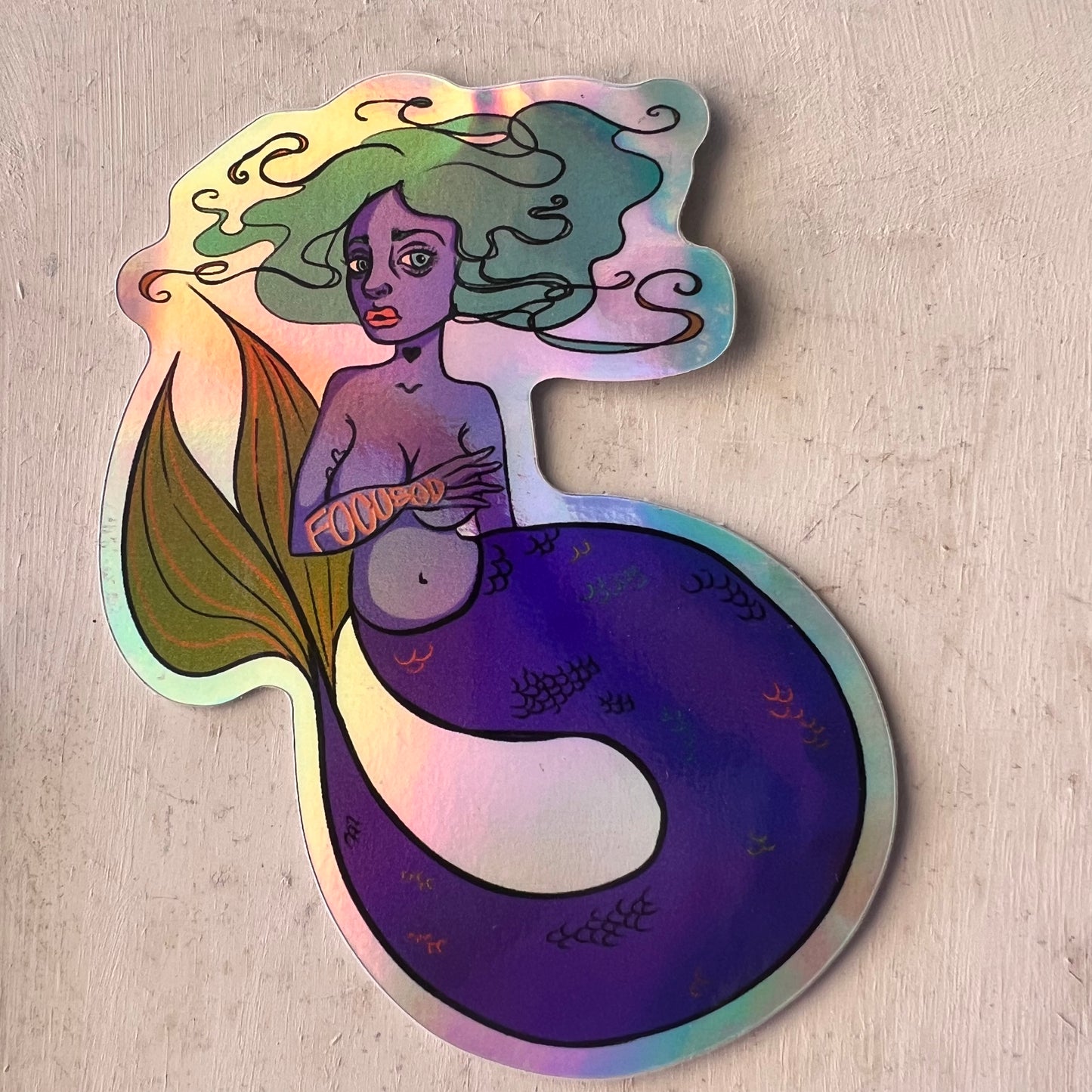 Focused “Literal Mermaid” Holographic Sticker